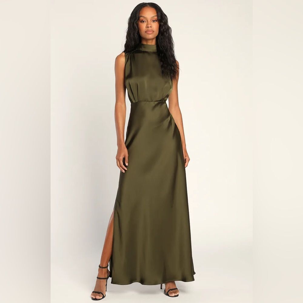 Lulus Classic Elegance Olive Satin Sleeveless Mock Neck Maxi Dress